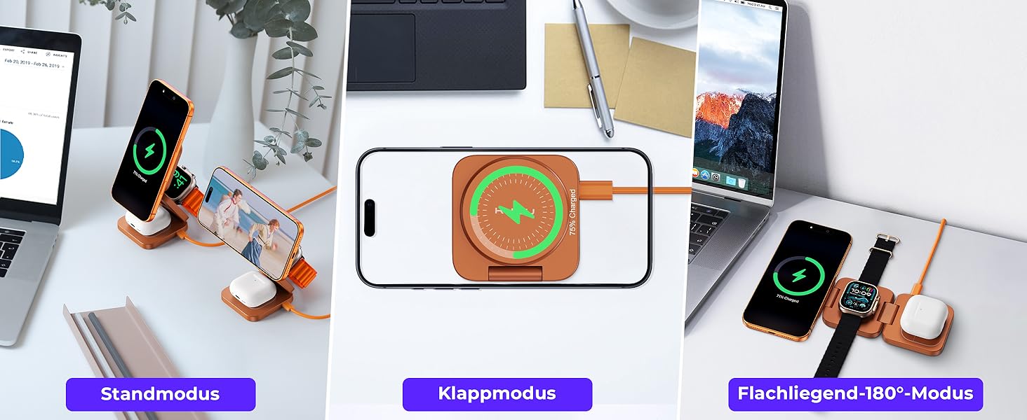 Зарядний пристрій KU XIU X55 Turbo Qi2.2 25W Magsafe 3-в-1: для Apple Watch, iPhone 17-12 та AirPods, помаранчевий