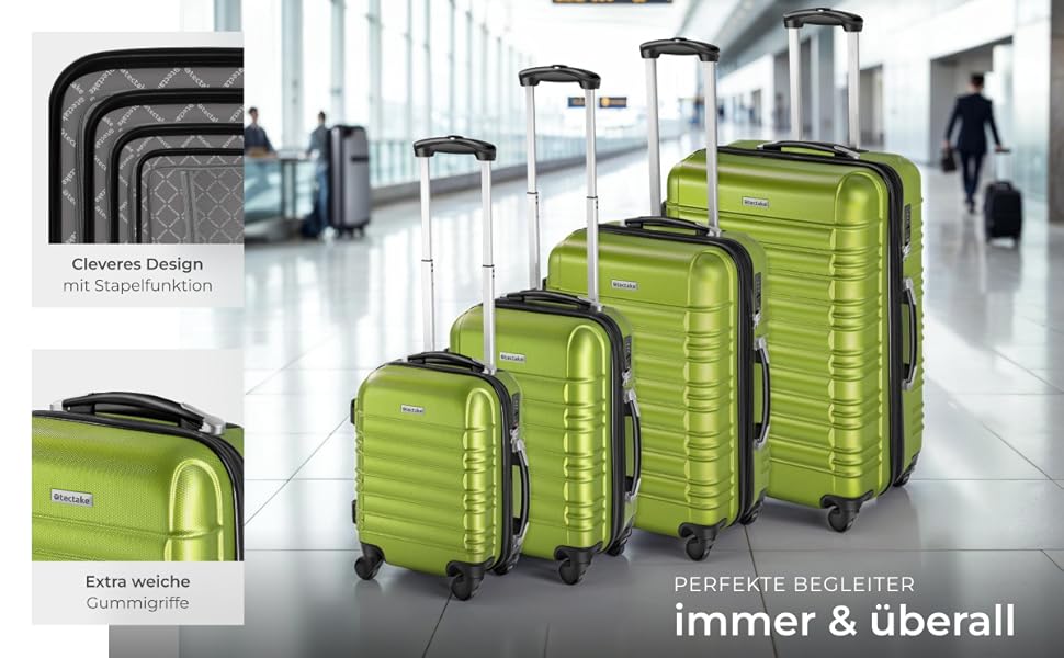 Набір валіз Tectake® 4 шт. з TSA замком, жорсткий корпус, набір ролерів, ABS, 4 колеса, 360°, телескопічна ручка - зелений
