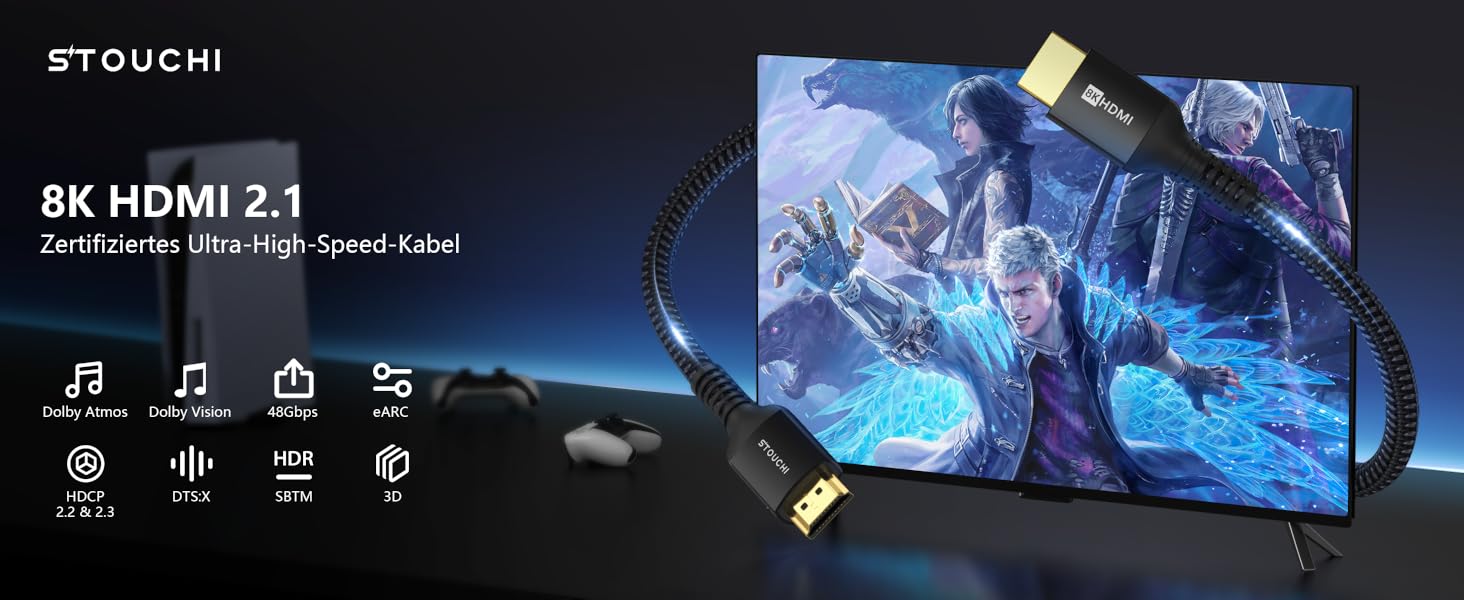 HDMI кабель Stouchi 2м 8K 4K Ultra High Speed з підтримкою eARC HDR10, 48Gbps, 144Hz, сумісний з RTX 3080, PS5, Xbox Series X, Fire TV, Roku TV, Samsung, Sony, LG (сірий)