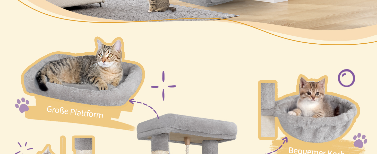 Двоповерховий комплекс для котів з 5 стовпчиками для шліфування, платформами, будиночком, помпонами, сірий (149см)