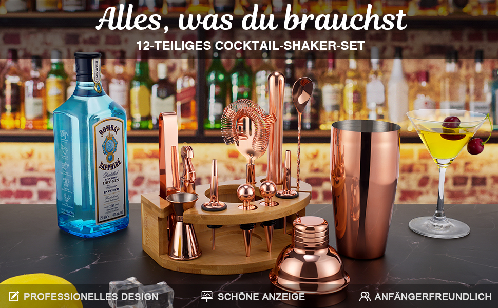 Набір шейкер для коктейлів Barkeeper Set з підставкою, нержавіюча сталь, професійний барний інструмент (рожеве золото)
