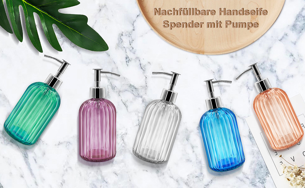 Набір з 2 скляних дозаторів для мила з помпою, 400 мл, для мила, шампуню, лосьйону, багаторазові, для кухні, ванної, пральні (темно-сірий)