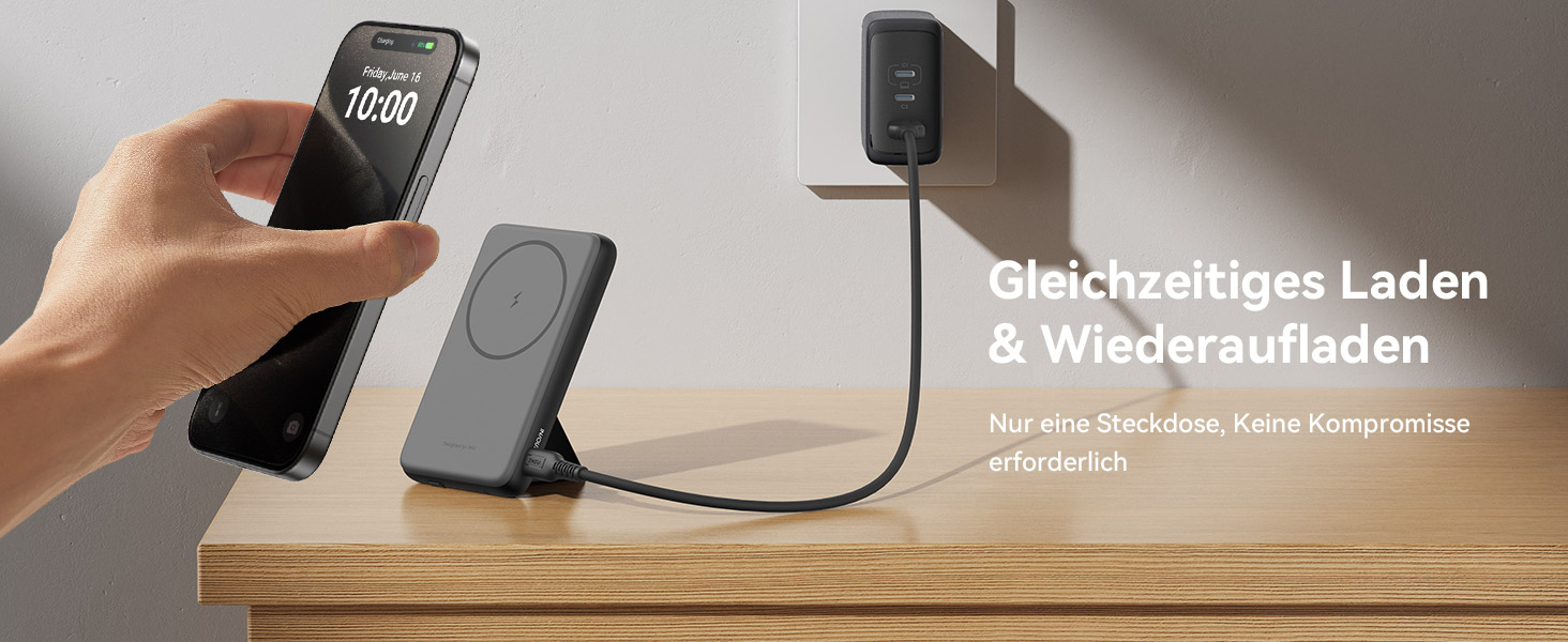 Power Bank INIU 5500mAh 20W з USB-C (вхід/вихід), магнітний акумулятор з підставкою для iPhone 16/15/14/13/12 Pro Max Mini, чорний