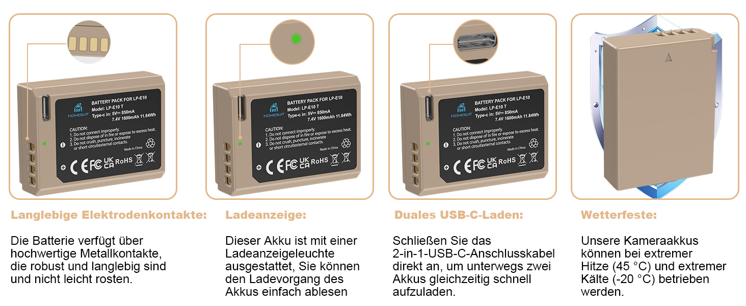 Комплект Homesuit: 3 акумулятори LP-E10 1600mAh та LCD-зарядний пристрій на 3 слоти для Canon EOS 1100D, 1200D, 1300D, 1500D, 2000D, 3000D, 4000D, Rebel T3, T5, T6, T7, T100, Kiss X50, X70, X80