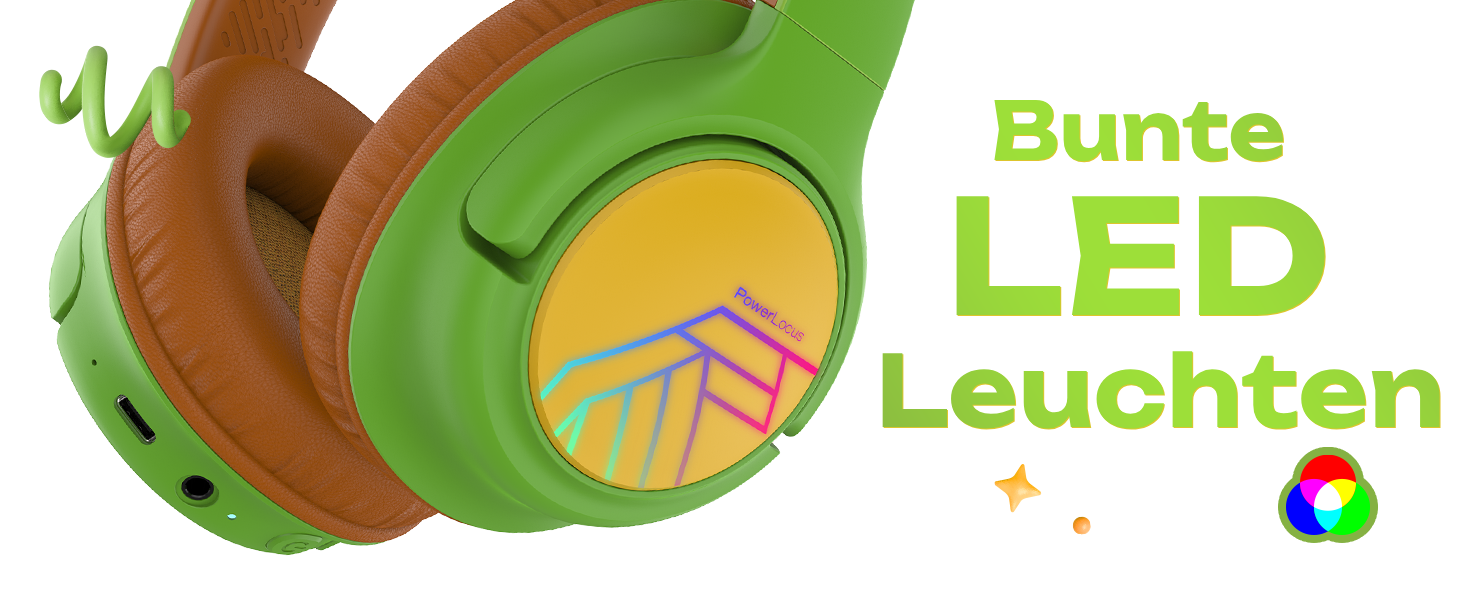 Дитячі навушники PowerLocus Bobo Bluetooth з LED-підсвічуванням та обмеженням гучності, Over-Ear, з мікрофоном для дітей, сумісні з телефоном/планшетом, для подорожей