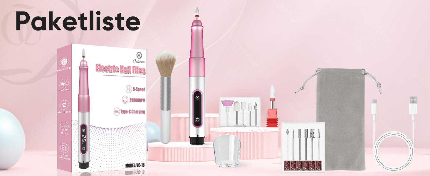 Електричний фрезер для нігтів Nagelfräser Kabellos 13 в 1: 5 швидкостей, 25000 об/хв, USB, для гель-манікюру