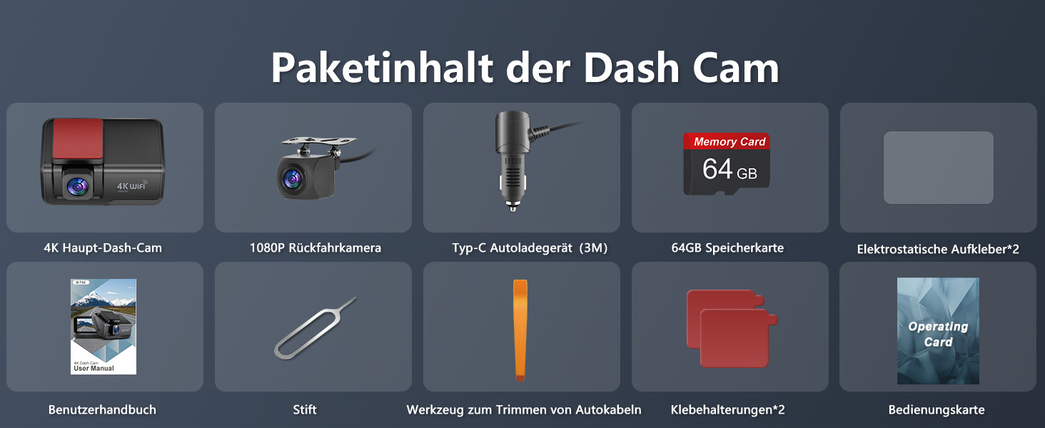 Відеореєстратор Chortau Dashcam 4K+1080P з двома камерами, WiFi, LCD 3 дюйми, 64GB SD, Нічне бачення, G-сенсор, Park Mode