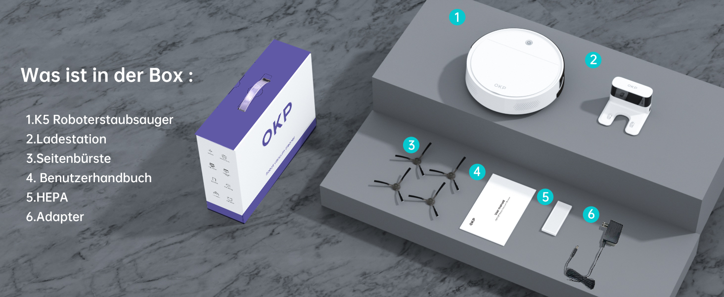 Робот-пилосос OKP K5 з потужністю 5000Pa, навігацією, HEPA-фільтром, Wi-Fi та для тварин, килимів та твердих підлог