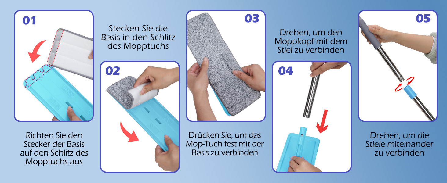 Набір для миття підлоги з відром, вичавлювач для швабри, 2 в 1, швабра-моп з регульованою ручкою з нержавіючої сталі та 6 мікрофібрових насадок, підходить для плитки та ламінату (швабра з відром: блакитний + синій)