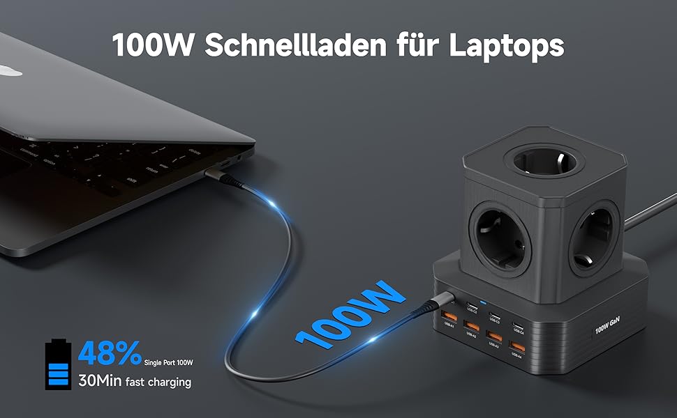 Мережевий фільтр з USB-портами Power Tower - зарядний станція для дому, офісу та студентів. 5 розеток AC, 8 USB (4 USB-C), 2м кабелю, захист від перевантаження