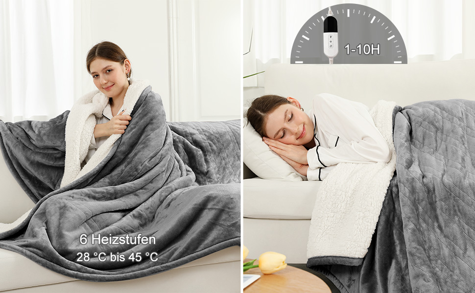 Електрична ковдра COZYTY 150x200 см з таймером та захистом від перегріву, фланель, 6 режимів нагріву, сіра