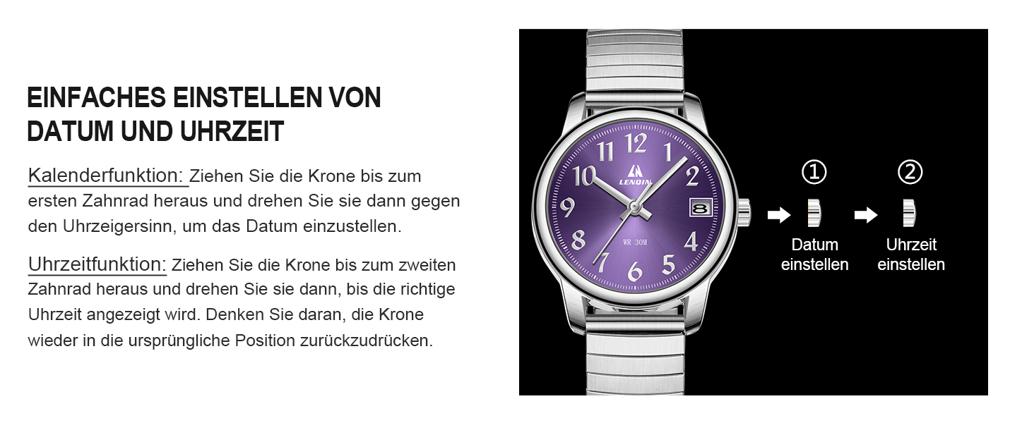 Жіночий годинник LN LENQIN: Водонепроникні годинники для жінок з нержавіючої сталі, кварцовий механізм, регульований браслет (сріблястий, фіолетовий)