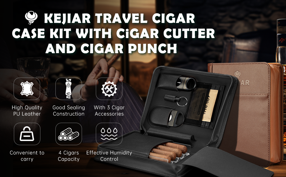 KEJIAR Набір для зберігання сигар: Humidor, ріжучий інструмент, зволожувач, коричневий