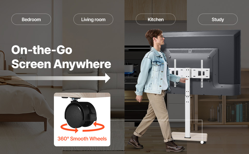 Підставка для телевізора VEVOR на колесах, телевізійна візок для телевізорів 81-178 см (812,8-1778 мм), до 45 кг, поворот 25° вліво/вправо, регульована по висоті, з полицею для кута спальні/вітальні (макс. 600 x 400 мм)