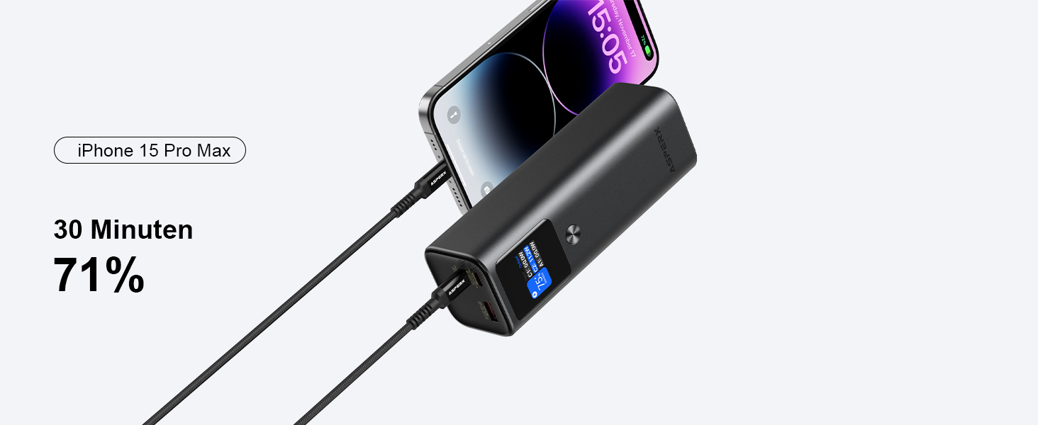 Power Bank AsperX 20000mAh, 165W, USB-C Кабель, для MacBook, Dell, HP, Lenovo, iPad, iPhone, Galaxy