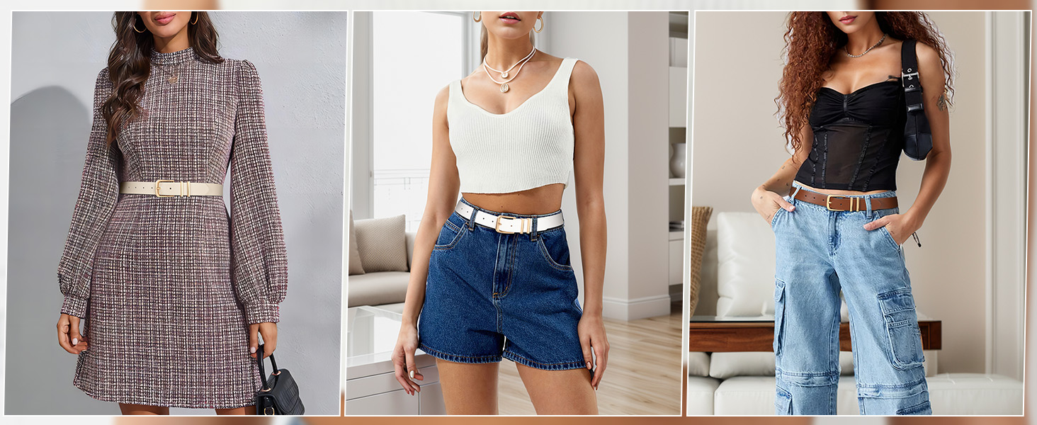 Жіночі шкіряні ремені WERFORU (3 шт.) - чорний, коричневий, бежевий. Підходять для талії 81-95 см