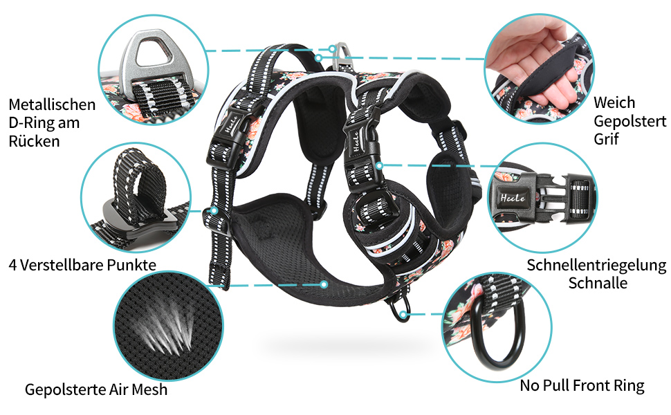 Шлейка для собак HEELE, рожева, квітковий принт, для середніх собак, 38-71 см, з м'яким ручним захопленням, світловідбиваюча