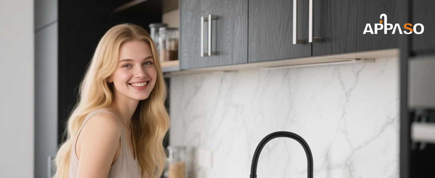 Кран кухонний APPASO 3-х ходовий чорний, 3 в 1 з фільтром, 360° поворотний, 2 ручки, нержавіюча сталь, низький тиск