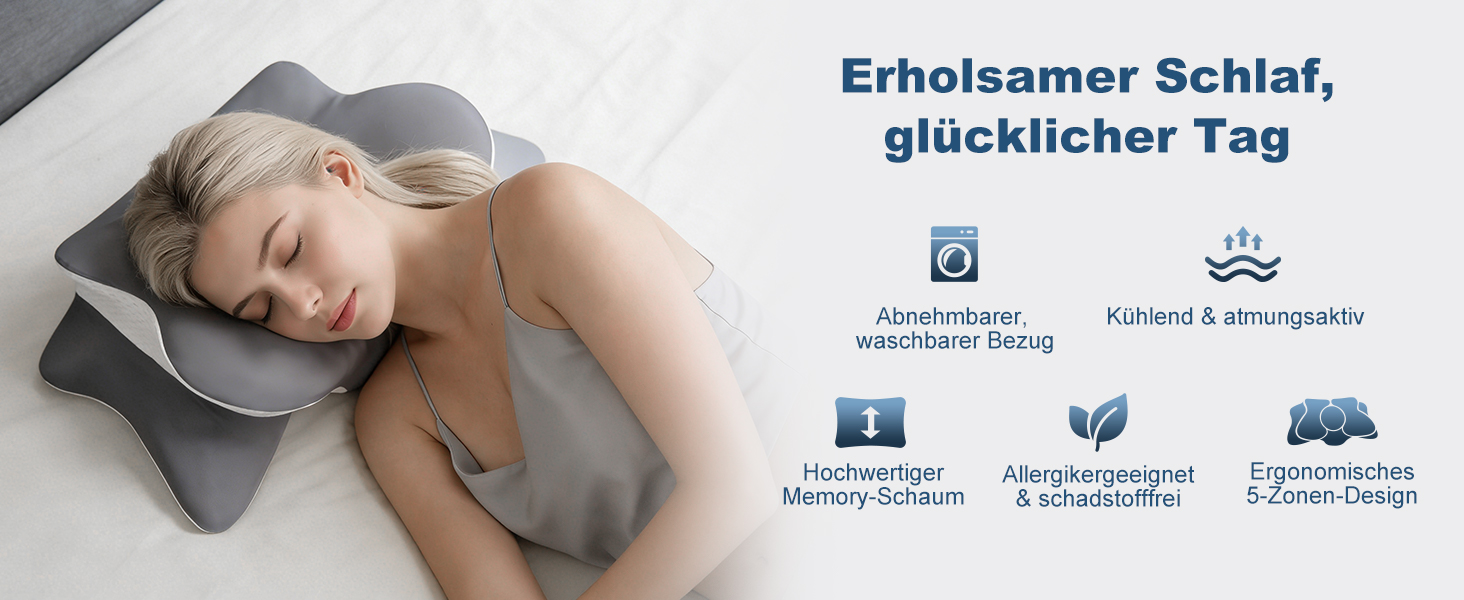 Подушка для шиї та голови з 3D-підтримкою шиї, CertiPUR-US та OEKO-TEX сертифікацією, для тих, хто спить на боці, спині та животі. Дихаюча, знімний та пральний чохол.