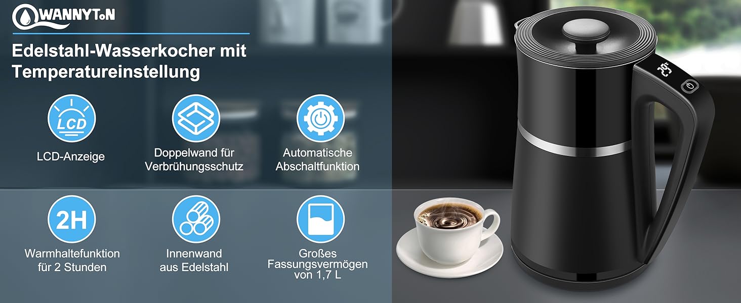 Електричний чайник WANNYTON з регулюванням температури 40-100°C, 1.7 л, 2200 Вт, чорний
