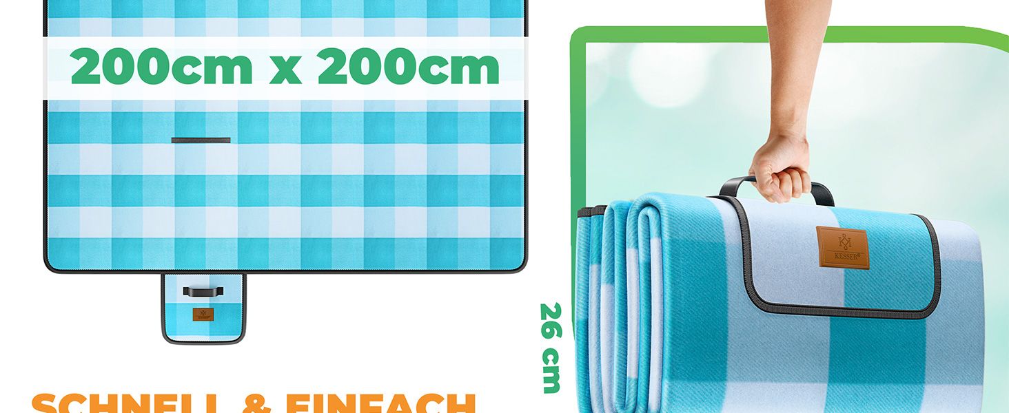 KESSER® Picnic Blanket Camping Blanket XXL 200 x 200 cm - Warm-insulated with waterproof underside, carrying handle. Foldable beach blanket, picnic blankets for 4-6 people. Washable picnic blanket.