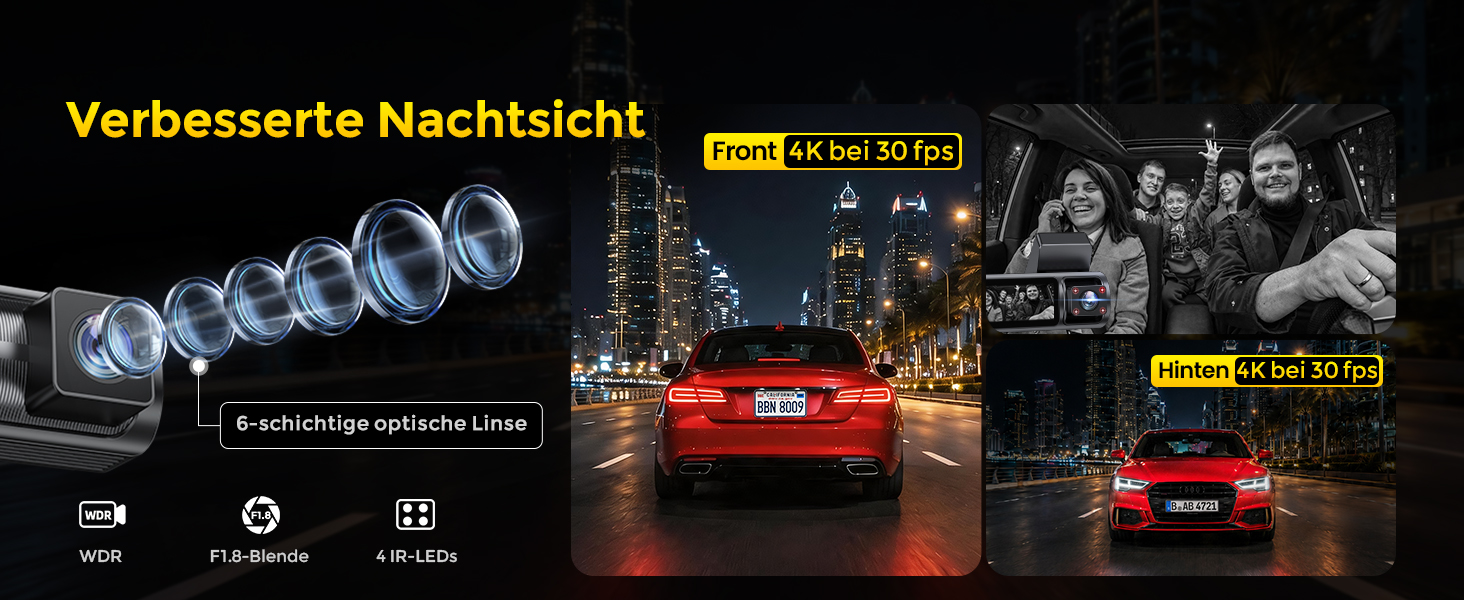 3-канальний автомобільний відеореєстратор GKU C300 4K+1080P+4K, передня, салонна та задня камери, 5.8G WiFi, чорний