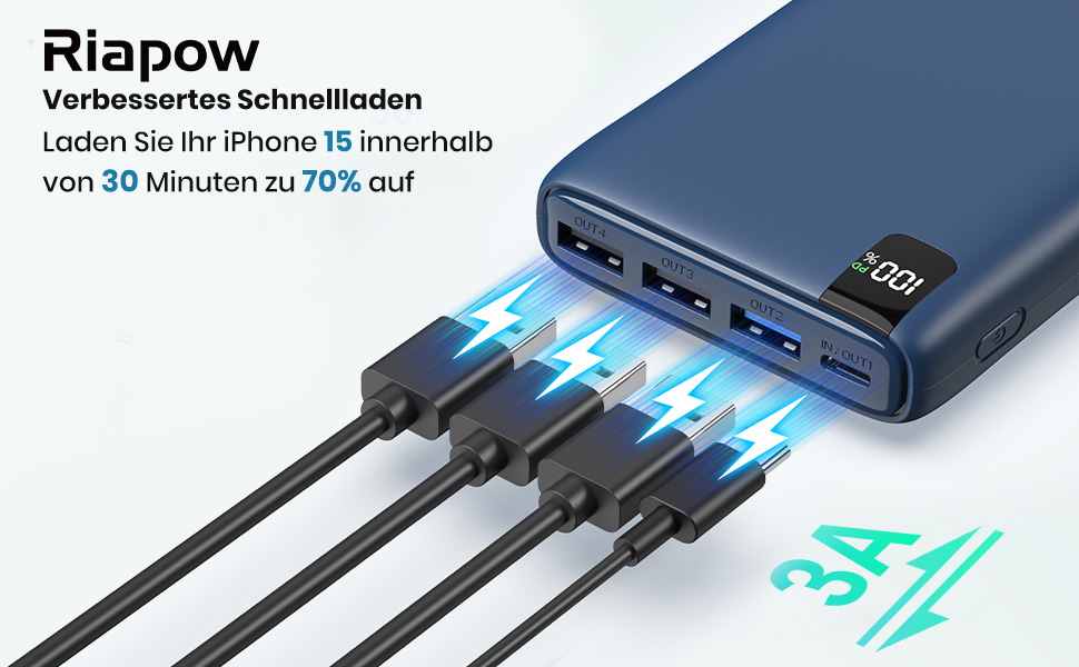 Power Bank Riapow 26800mAh з LED-дисплеєм, 4 виходи, USB-C, швидка зарядка 22.5W, блакитний