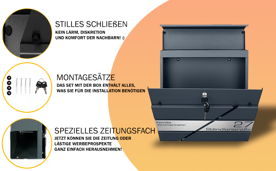 Поштовий ящик з газетницею антрацит, нержавіюча сталь, настінний, з замком та газетницею - лазерне гравіювання