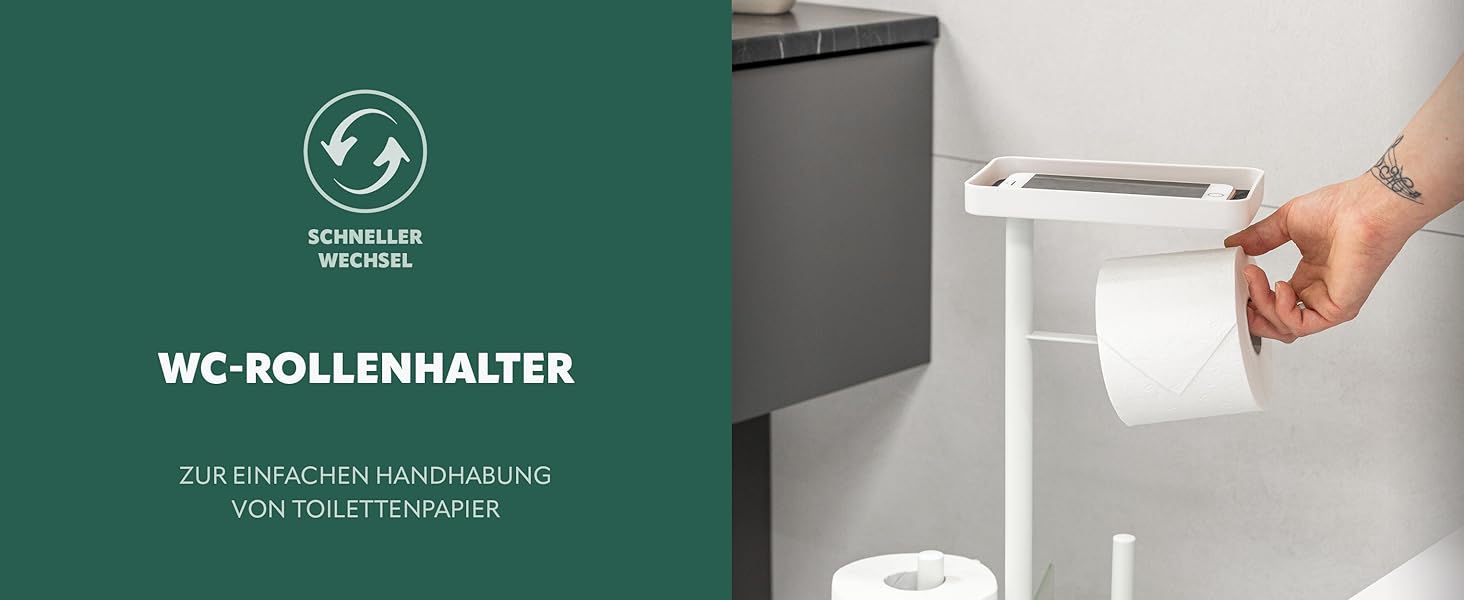 Набір для туалету Eluno Stand-WC 4 в 1: підставка, щітка, 2 змінні насадки, тримач для туалетного паперу на 3 рулони, полиця, скляна та металева поверхня (білий)