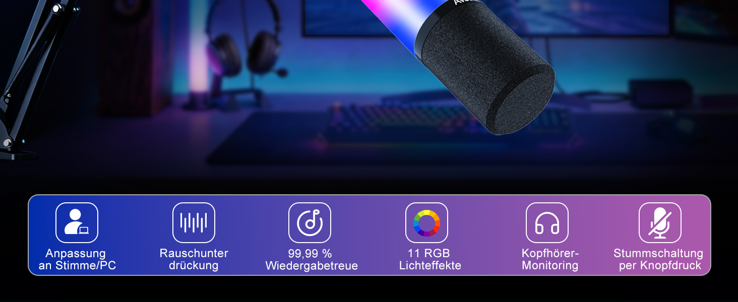 Мікрофон Aveek USB/XLR динамічний з тримачем, з функцією Mute, шумозаглушенням та RGB підсвіткою для ПК, стрімінгу, подкастів та запису