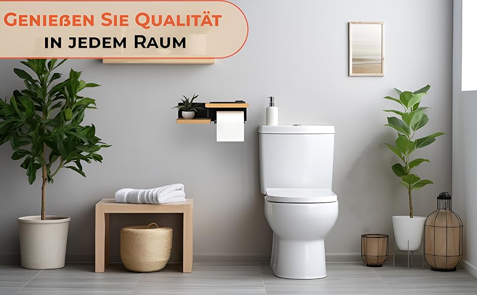 No-Drill Toilet Paper Holder with Towel Bars & Shelf - Stainless Steel & Bamboo Bathroom Organizer - Black Matte Finish