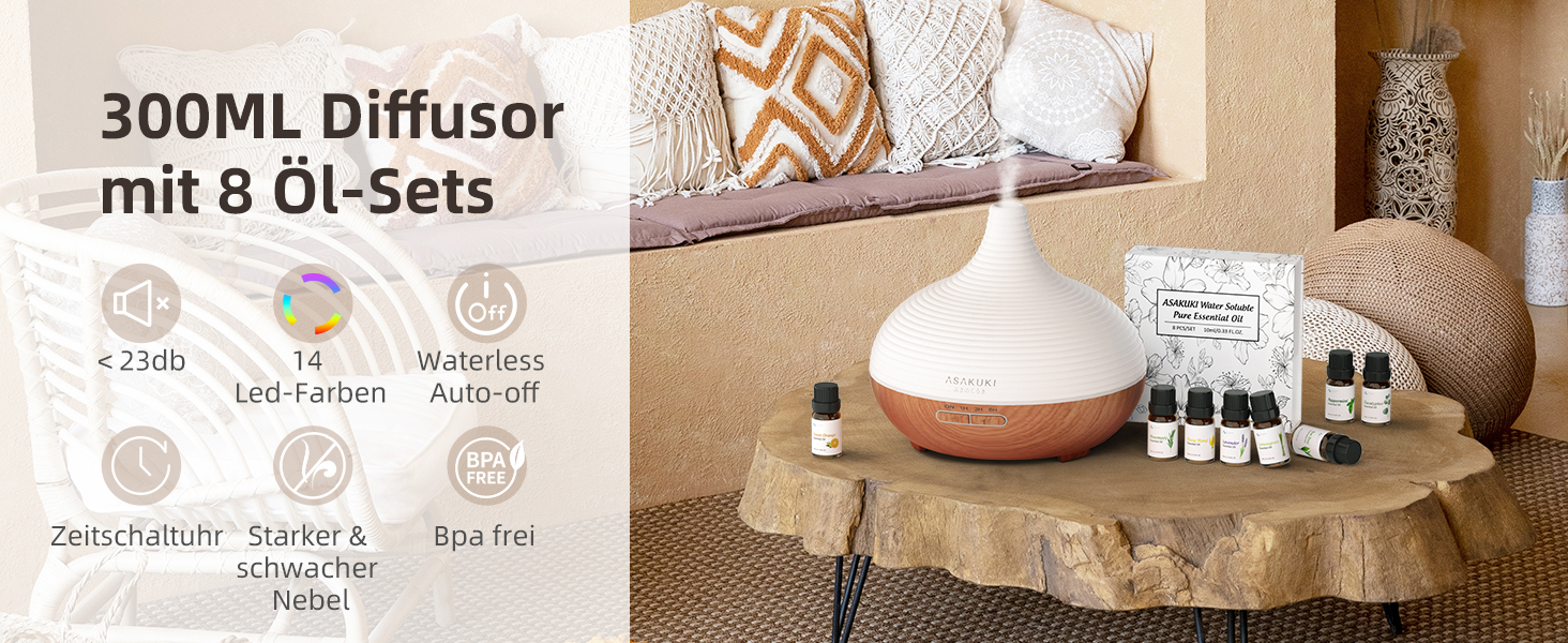 ASAKUKI Дифузор для ароматерапії 300мл, ультразвуковий зволожувач повітря з LED-підсвіткою, для дому, офісу, спа (колір: коричневий, з набором олій)