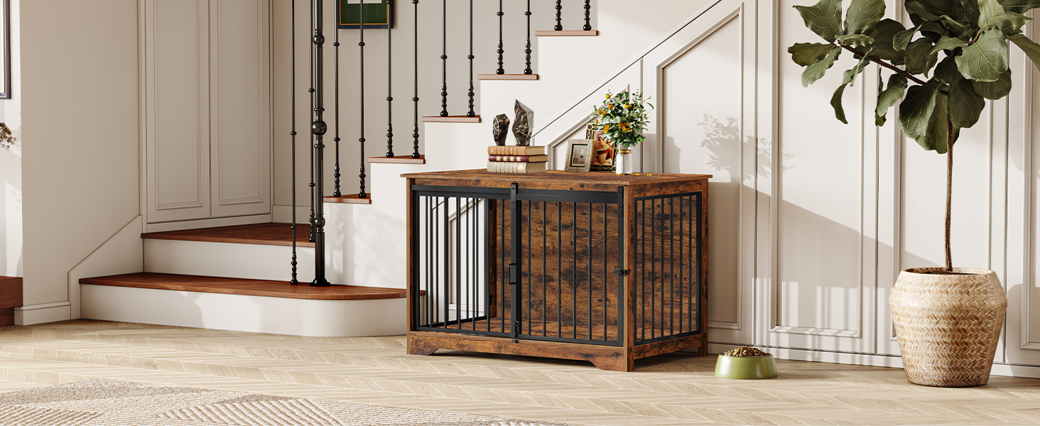 Клітка для собак Hzuaneri, 100 см, з розсувними дверима, дерев'яна, для дому, 100 x 60 x 68 см, вінтажний колір