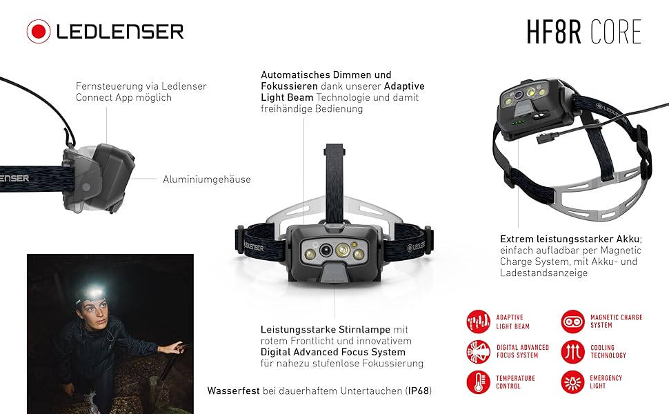 Налобний ліхтар Ledlenser HF8R Core, 1600 люмен, LED, акумуляторний, водонепроникний IP68, з червоним світлом, для туризму та аутдору