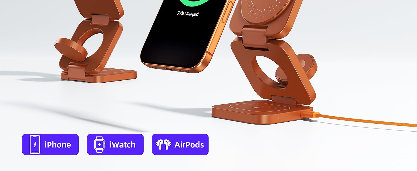 Зарядний пристрій KU XIU X55 Turbo Qi2.2 25W Magsafe 3-в-1: для Apple Watch, iPhone 17-12 та AirPods, помаранчевий