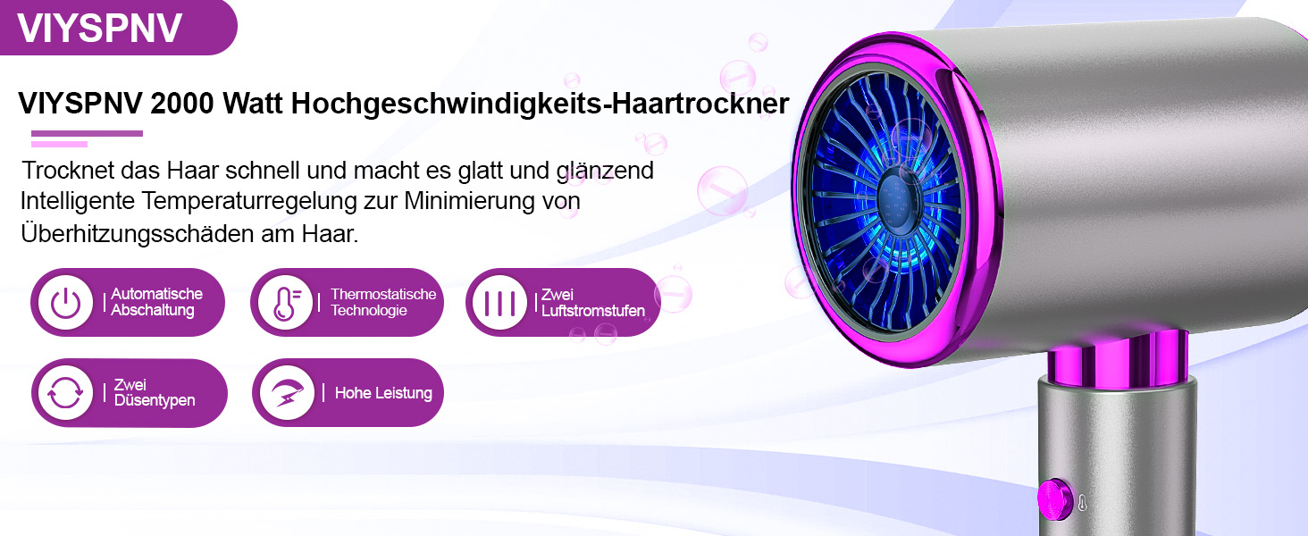 Фен іонний 2000W з 3 температурами та 2 швидкостями, гарячі/холодні кнопки, дифузор та вентиляційні отвори, портативний