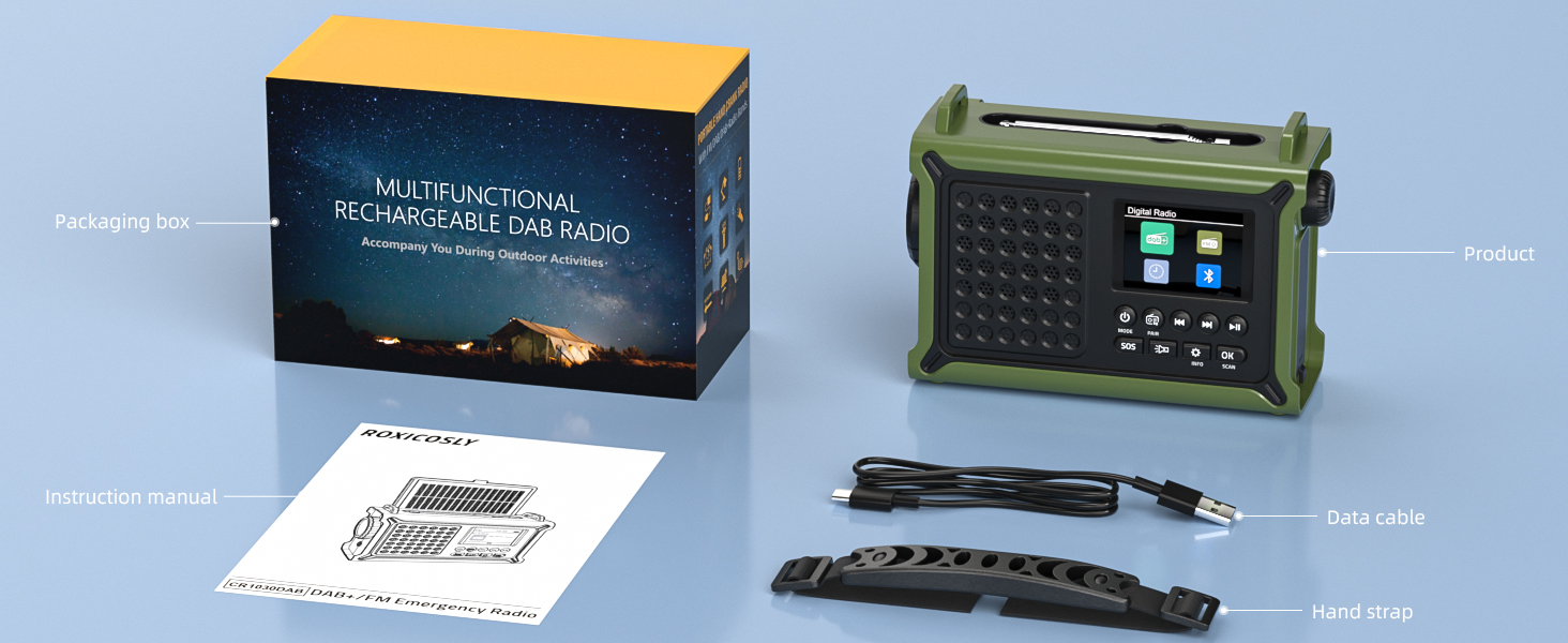 Радіоприймач Kurbelradio з DAB/DAB+/UKW, сонячною панеллю 8500 мм², акумулятором 12000 mAh та ручним генератором 650 mA. Радіо з Bluetooth 5.0, ліхтарик, зарядний пристрій USB, для кемпінгу та надзвичайних ситуацій (зелений)