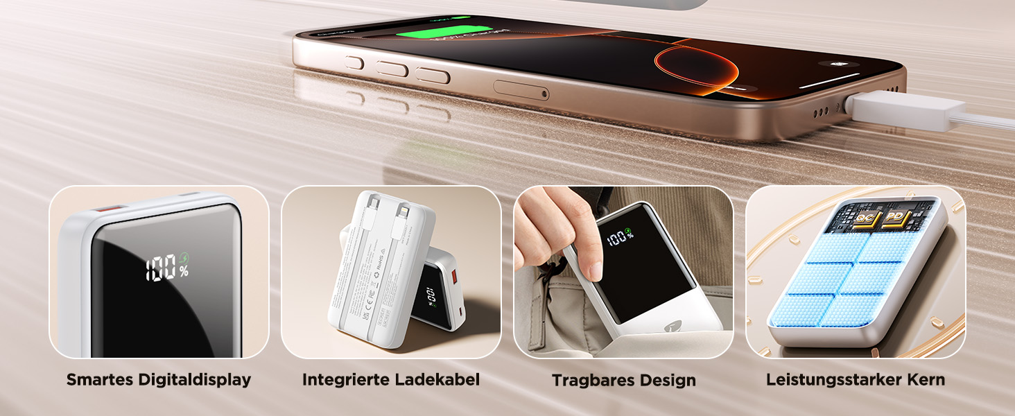 Power Bank 20000mAh з вбудованим кабелем, швидка зарядка 22,5W, USB-C, LED-дисплей, для iPhone 17 16 15 14 13 12 11, білий, 20000mAh