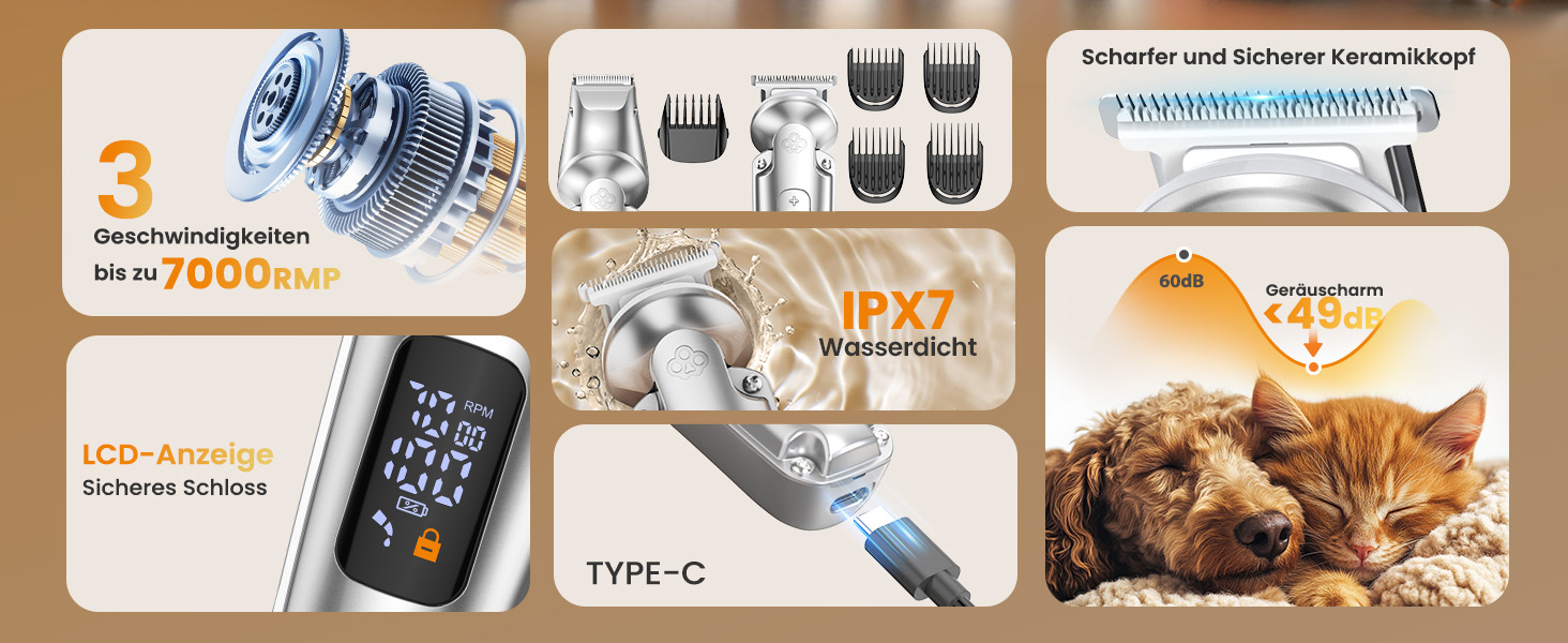 Schermaschine для собак та котів oneisall 4-в-1: стрижка, триммінг, шліфування кігтів. 2000mAh, IPX7, до 7000RPM
