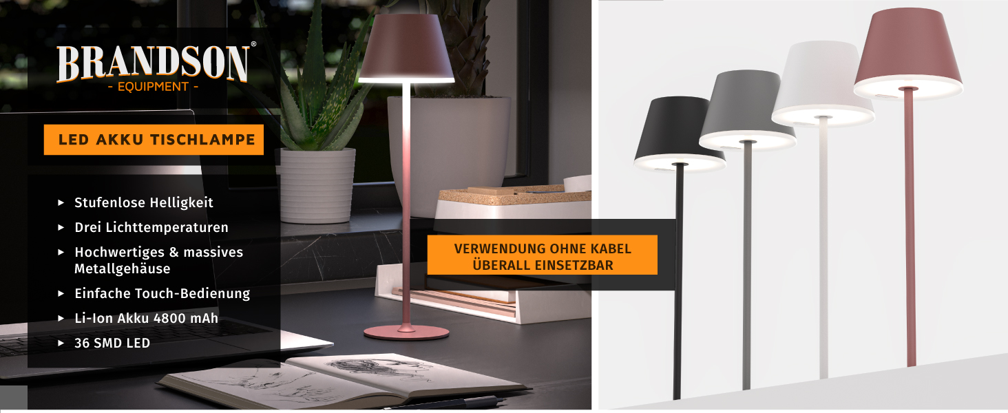 LED настільна лампа CSL з акумулятором - бездротова, сенсорна, диммування, 3 кольори світла, метал, великий акумулятор, для дому та вулиці