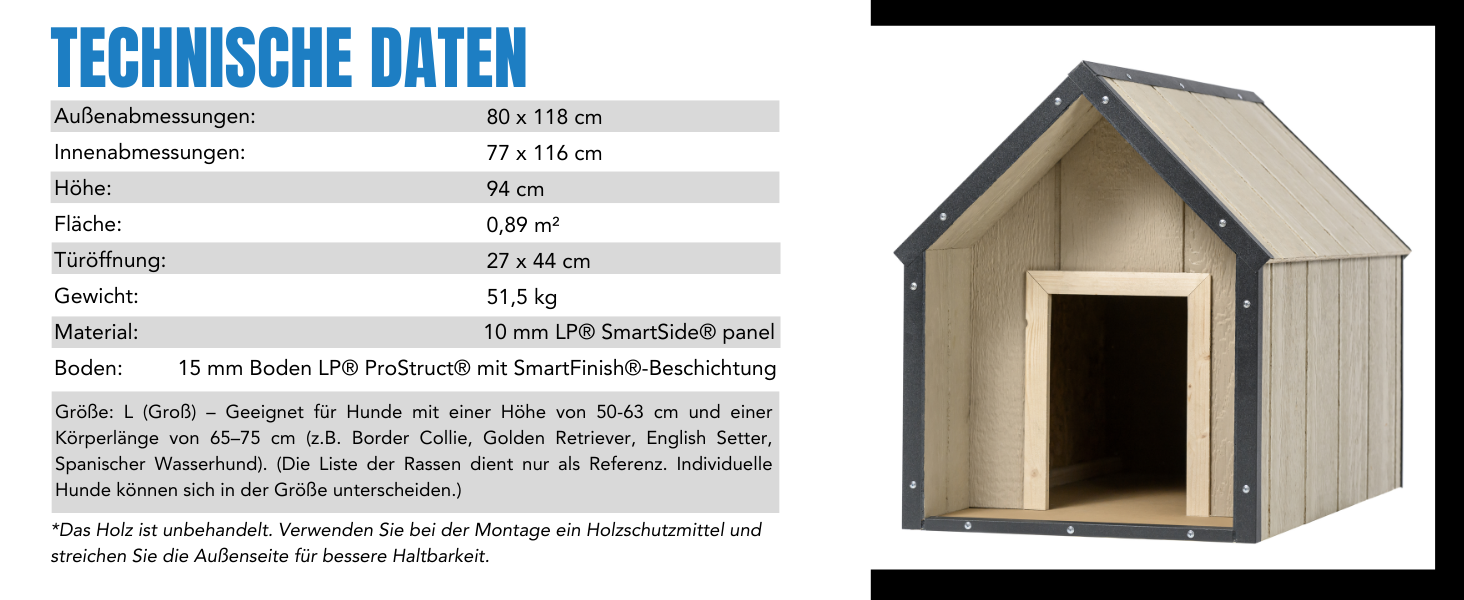 Будка для собак Outdoor маленьких порід – дерев'яна будка для собак, водостійкий дах 76 x 99 x H80 см, розмір S, Timbela M401-1 розмір M, 76x99xH80cm, натуральне дерево (розмір L, 80x118xH94cm, LP SmartSide дерев'яні панелі)