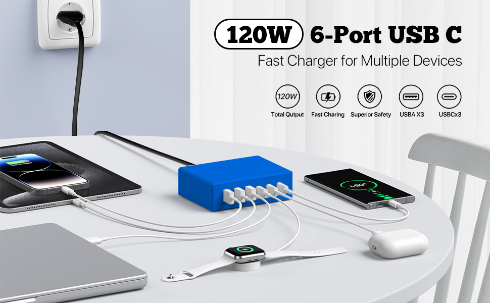 Зарядний пристрій USB-C 120W GaN, багатопортова станція 6 портів для iPhone/Samsung/Google/планшетів, синій