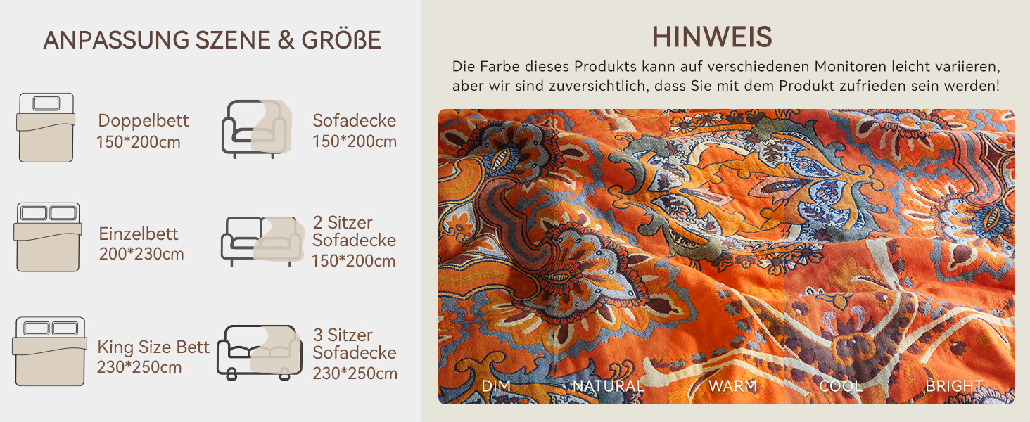 Богемна ковдра Boho Decke 100% бавовна – двостороння муслінова ковдра 150x200 см, м'яка софа/ковдра та покривало для ліжка, естетичний дизайн, ідеально для вітальні та спальні, помаранчево/блакитний колір, зірковий сон 150 x 200 см