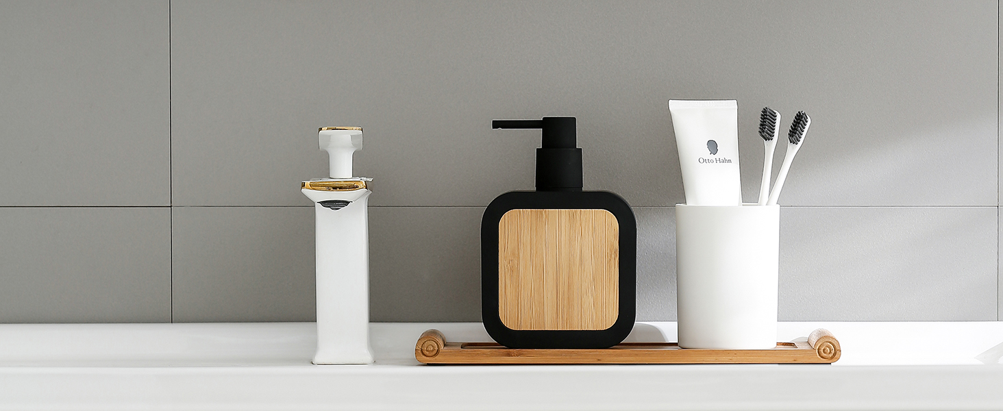 Дозатор для мила білий бамбук, 390 мл, для кухні, ванної кімнати, офісу, дозатор мила для миття посуду, чорний