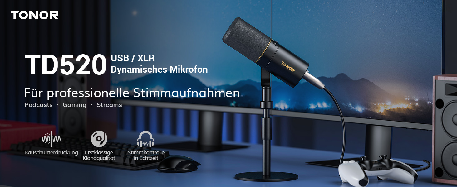 TONOR TD520: USB/XLR мікрофон для запису, геймінгу та стрімінгу. Чорний, з підставкою та кнопкою Mute.