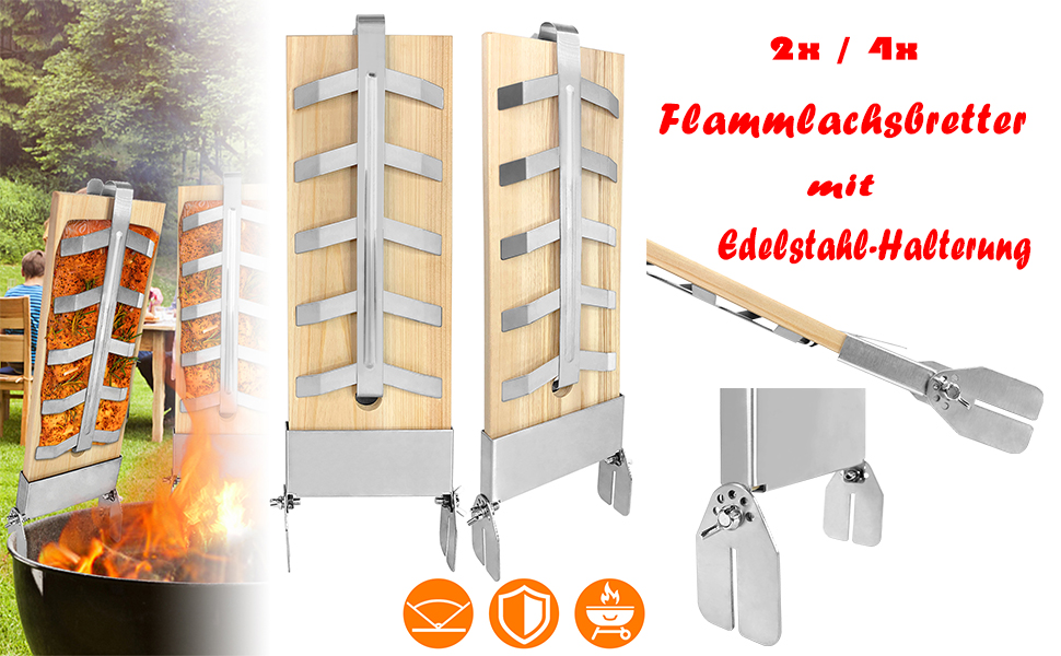 Набір дощок для запікання лосося NAIZY з кедра з тримачем із нержавіючої сталі, 5 рівнів регулювання, для вогнища та гриля, 2 шт.