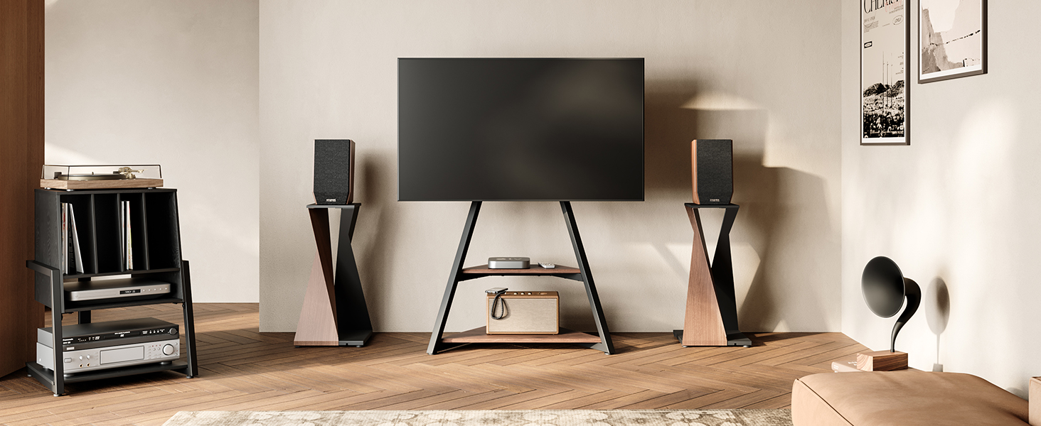 Вініловий програвач FITUEYES Eiffel: полиця для програвача та платівок, компактна Hi-Fi тумба, чорна
