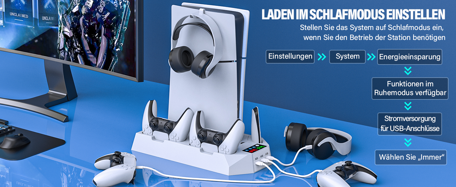 Підставка для PS5 Slim/Pro з зарядною станцією для контролера, RGB-підсвічуванням, вентилятором, тримачем для навушників та USB-хабом, чорно-біла (біла Q211)