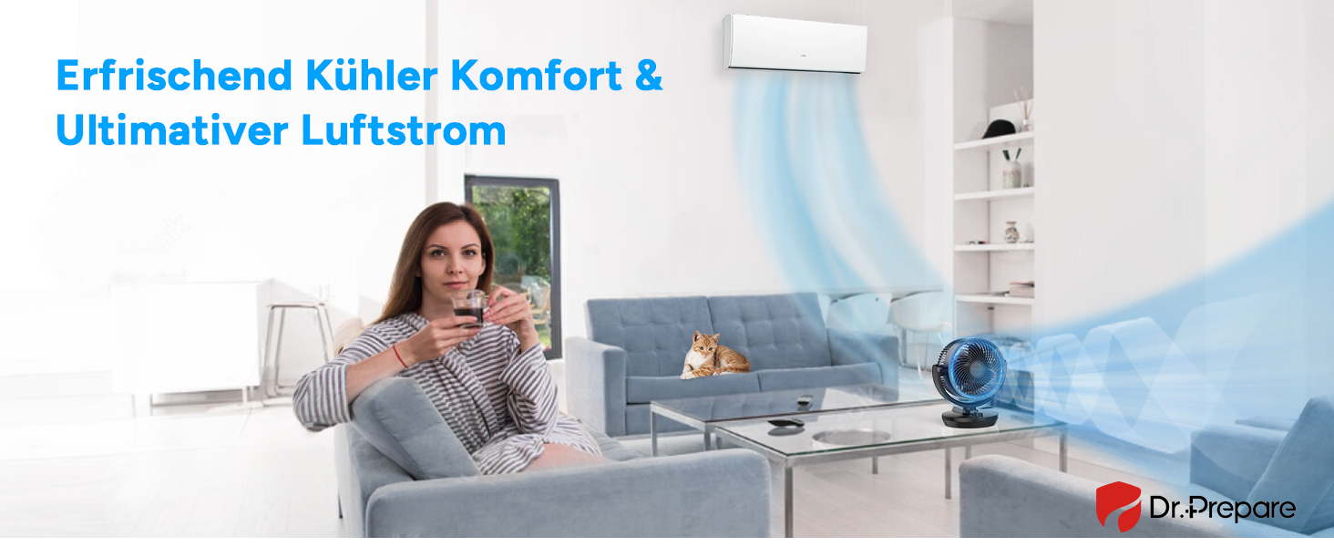 Вентилятор настільний DR.PREPARE, 25 дБ, тихий, ефективне охолодження, 3 швидкості, таймер 2-12 годин, осциляція 90°, 8 дюймів