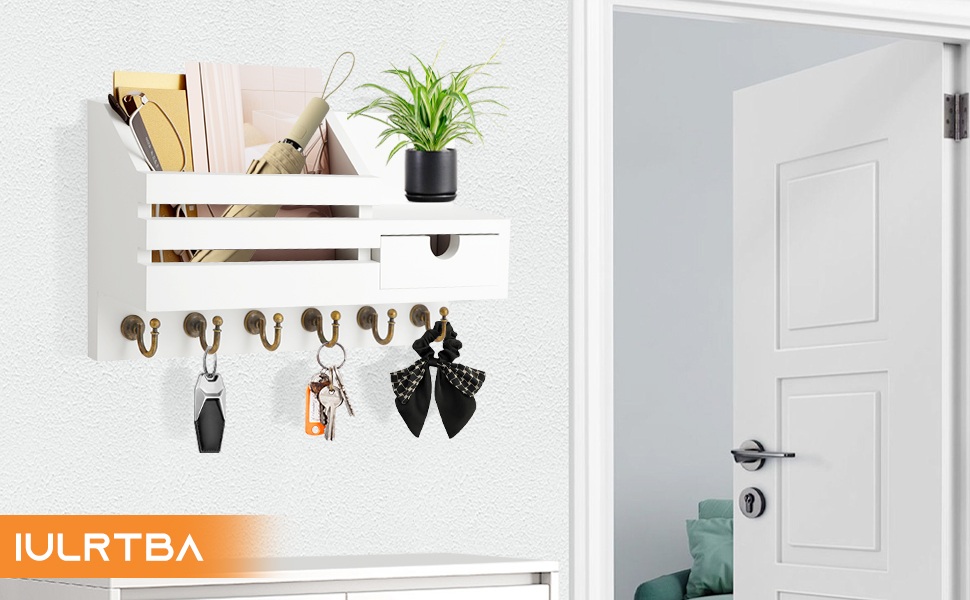 Дерев'яне ключниця з полицею та шухлядою, 6 гачків, для прихожей, офісу, на стіну (білий)